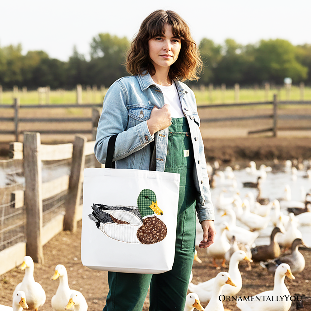 Mallard Duck Patchwork Cotton Tote Bag, Earth Tone Shopper