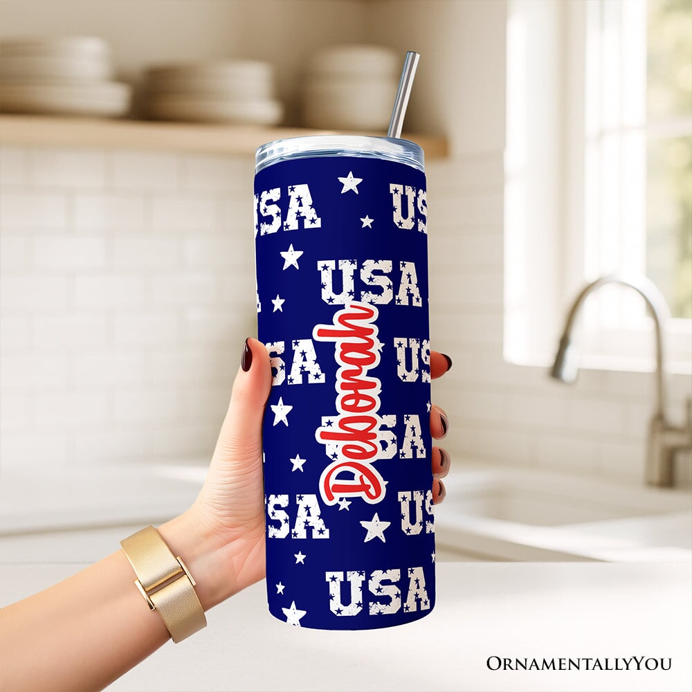 Navy USA Block Letters 20oz Personalized Patriotic Travel Tumbler
