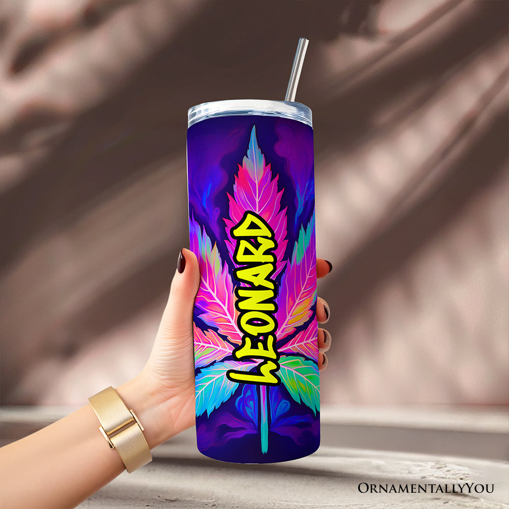 Neon Cannabis Leaf 20oz Personalized Tumbler with Stainless Straw