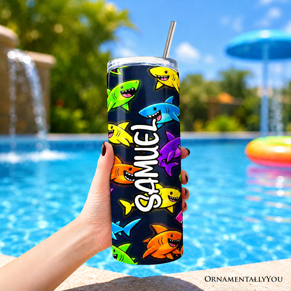 Neon Cartoon Shark 20oz Tumbler with Straw, Playful Ocean Animal Cup