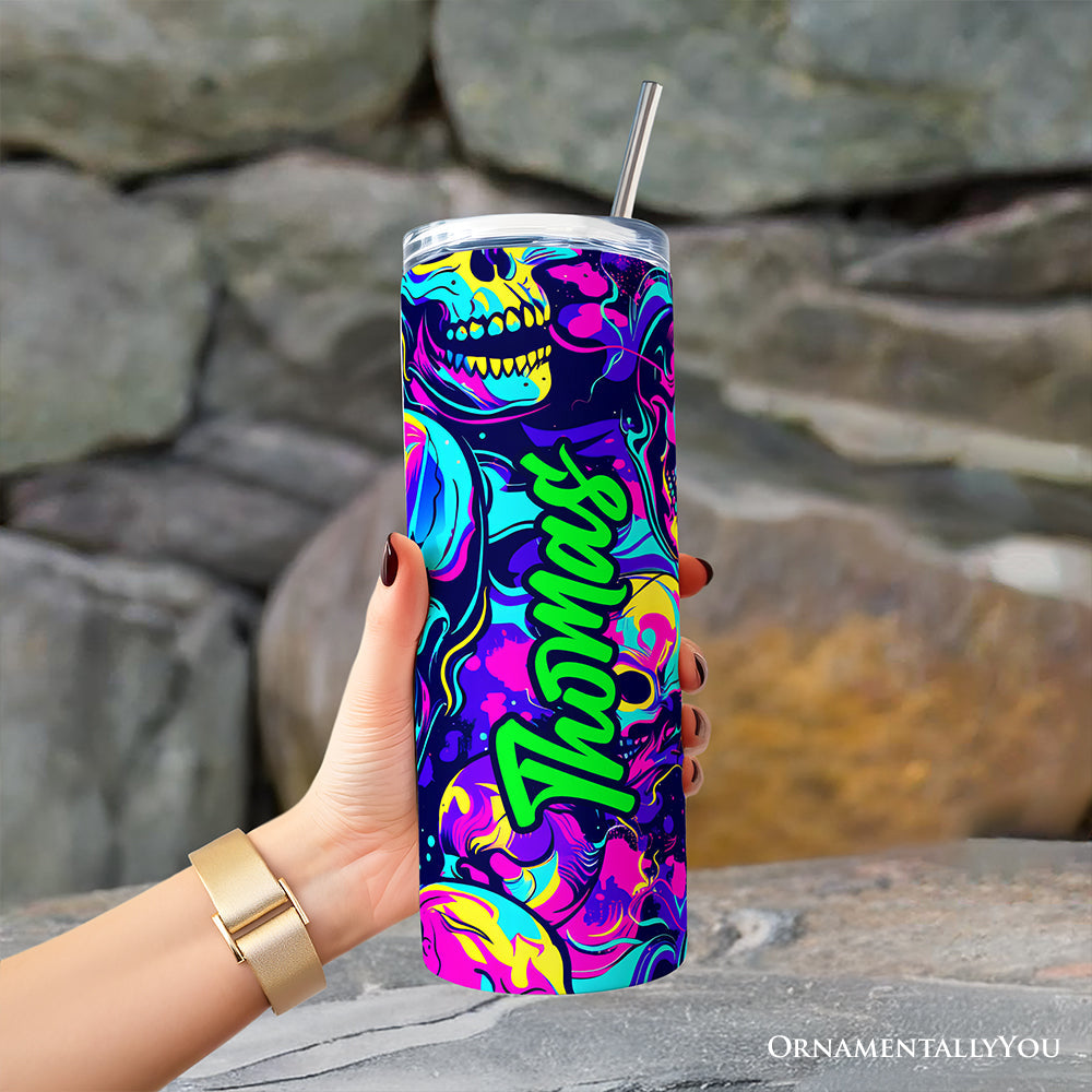 Neon Skull Chaos 20oz Personalized Tumbler, Gothic Travel Mug
