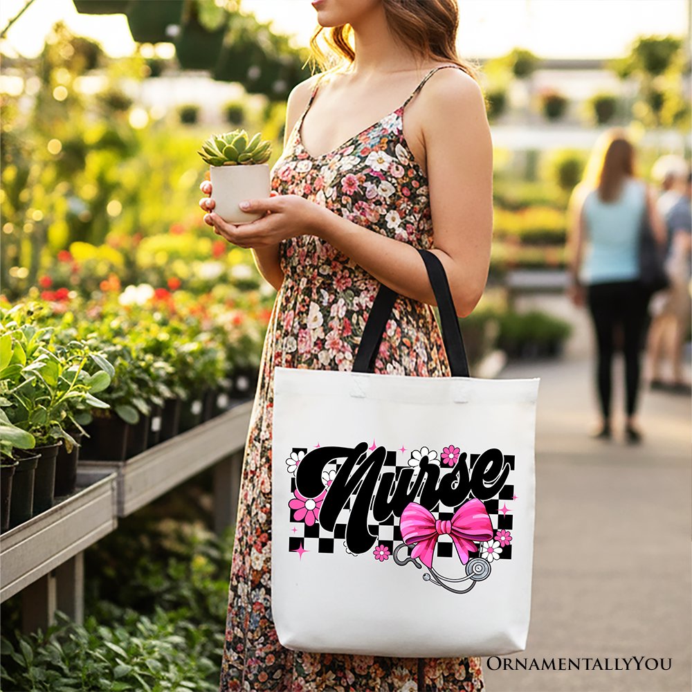 Floral Nurse Tote Bag with Pink Bow and Stethoscope Print