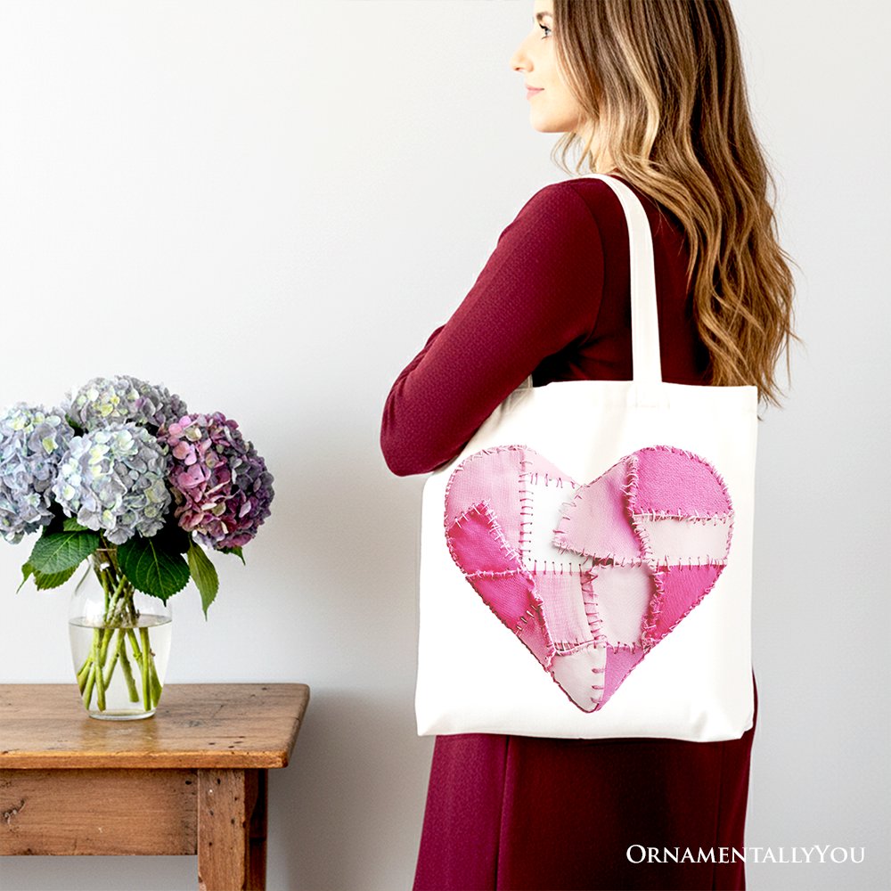 Patchwork Pink Heart Canvas Tote Bag Vintage Coquette Gift