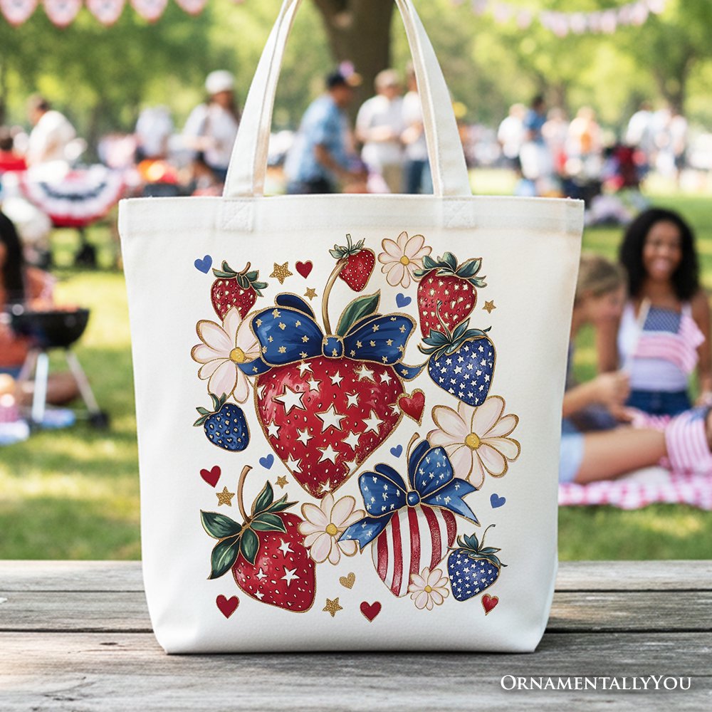 Patriotic Strawberry Floral Canvas Tote, Festive Boho Shopper
