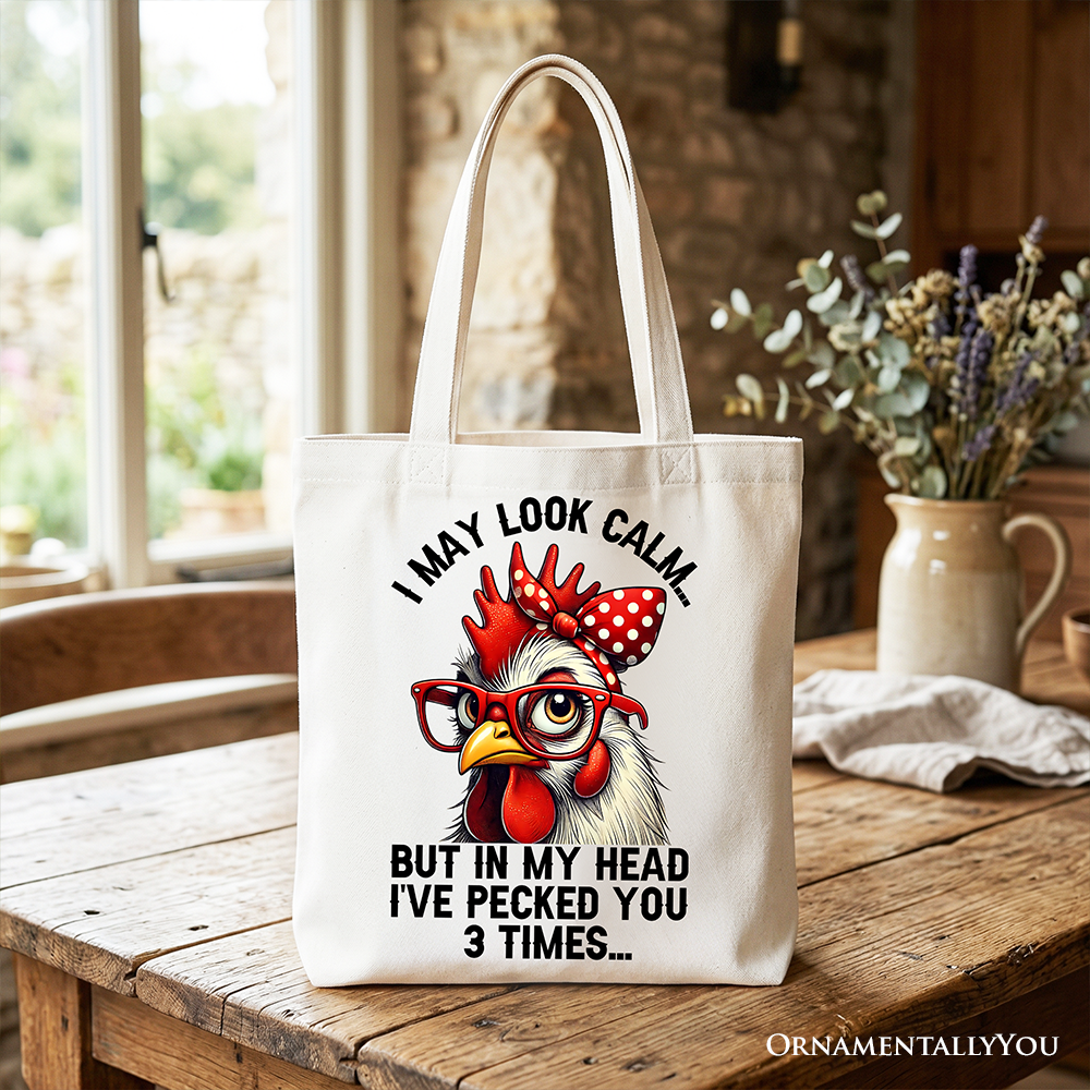 Sassy Chicken Tote Bag with Red Glasses and Bow Graphic