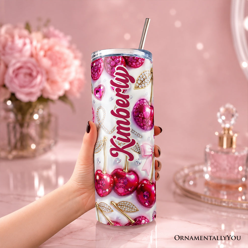 Pink Rhinestone Cherry Bow 20oz Personalized Tumbler with Straw