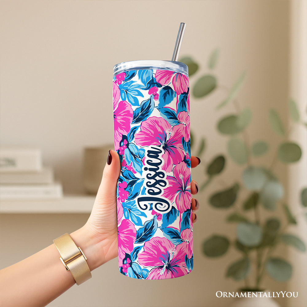 Pink and Blue Hibiscus 20oz Stainless Steel Travel Tumbler