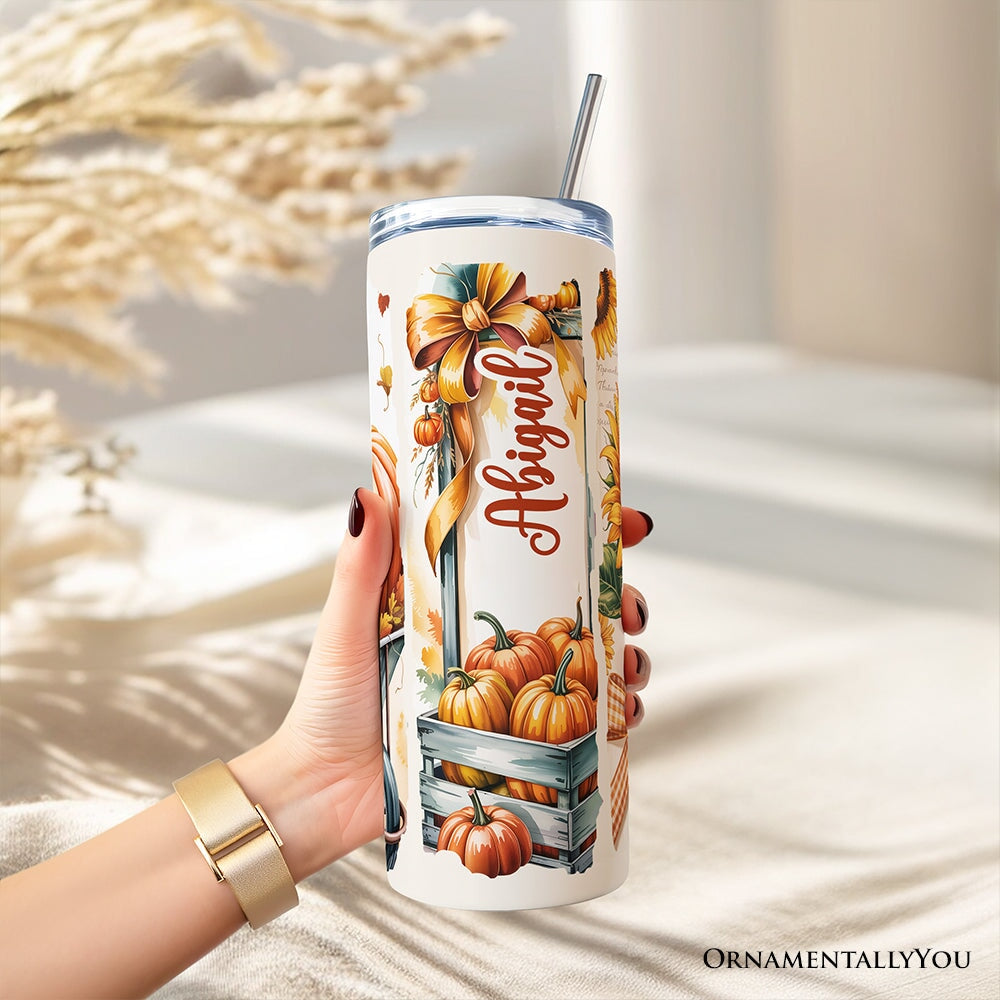 Personalized Pumpkin Sunflower 20oz Tumbler, Autumn Coquette Cup