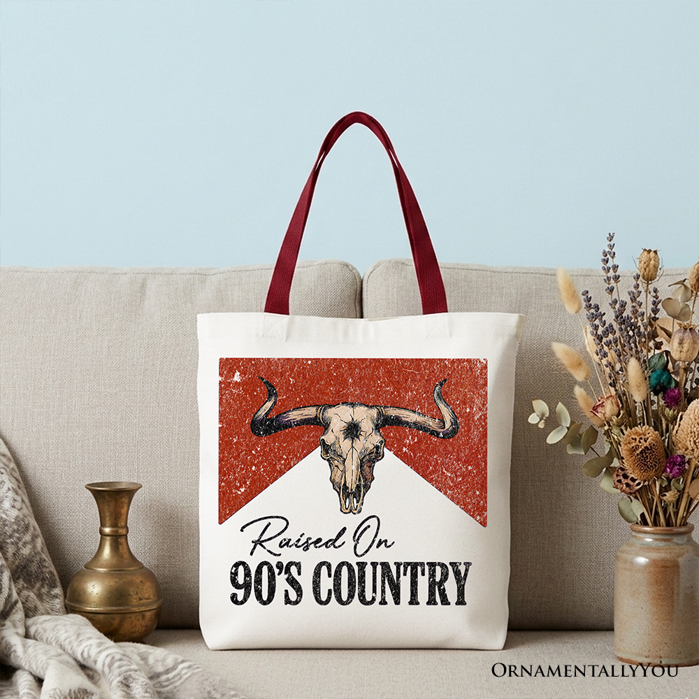 Raised On 90s Country Tote Bag, Vintage Bull Skull Shopper