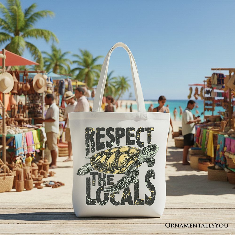 Respect the Locals Sea Turtle Canvas Tote Bag, Coastal Beach Tote