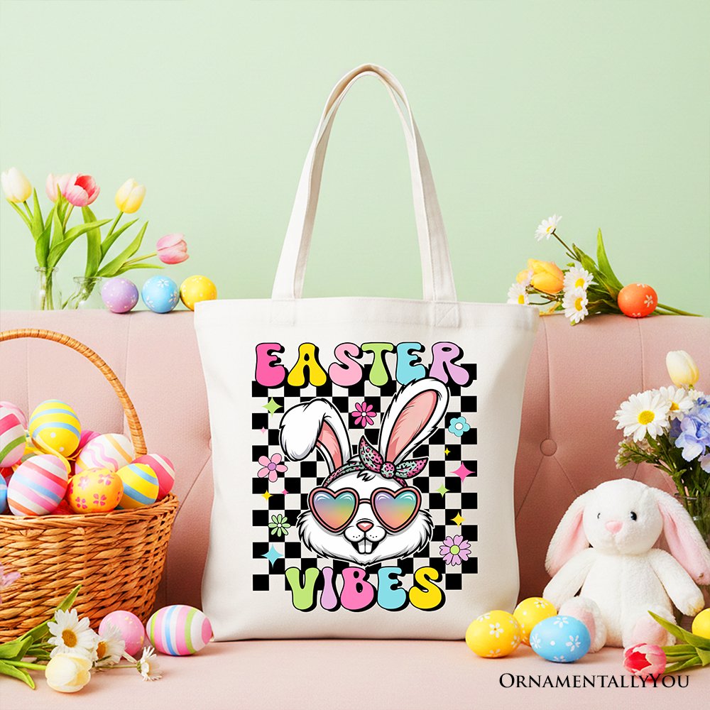 Retro Easter Bunny Sunglasses Tote Bag, Colorful Checkered Shopper