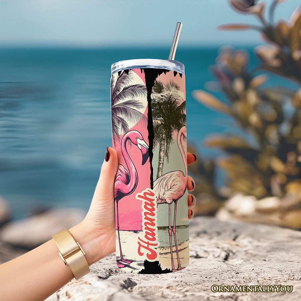 Retro Flamingo Beach 20oz Personalized Tumbler with Stainless Straw
