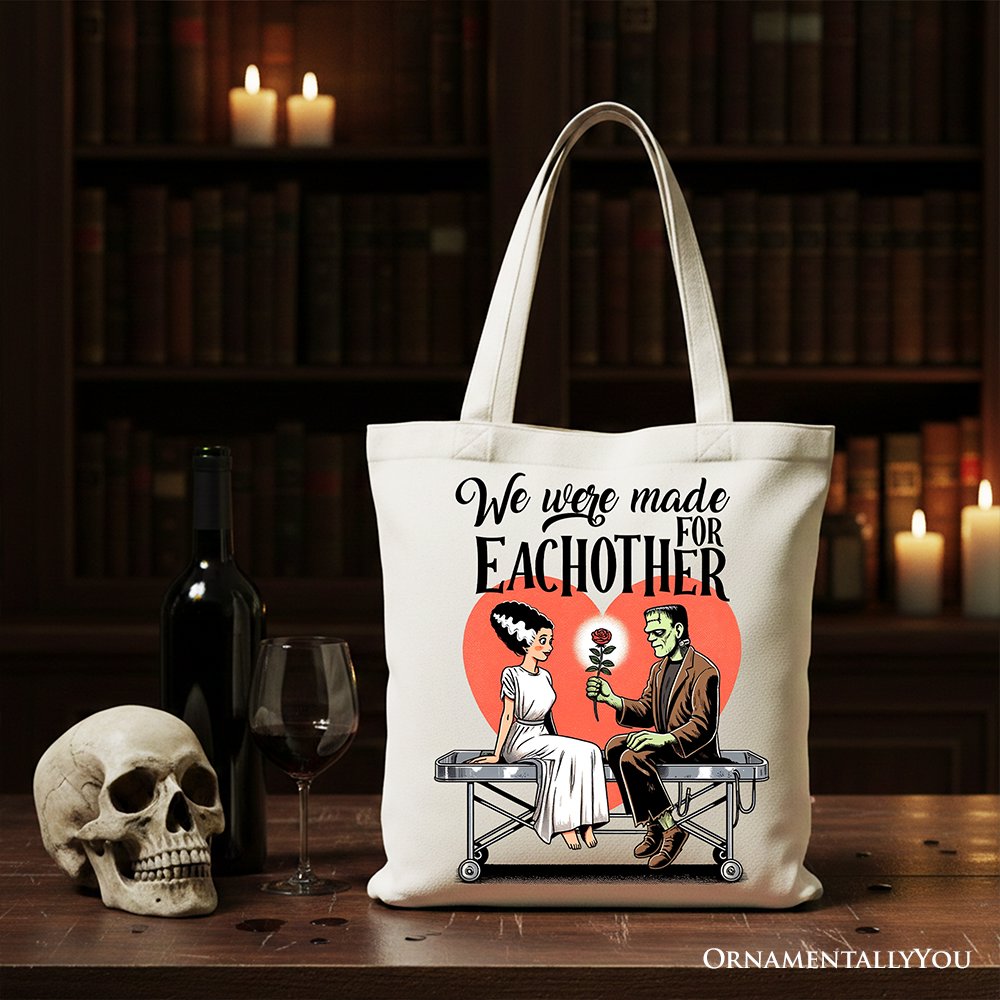 Frankenstein and Bride Cotton Tote Bag - Spooky Romantic Gift