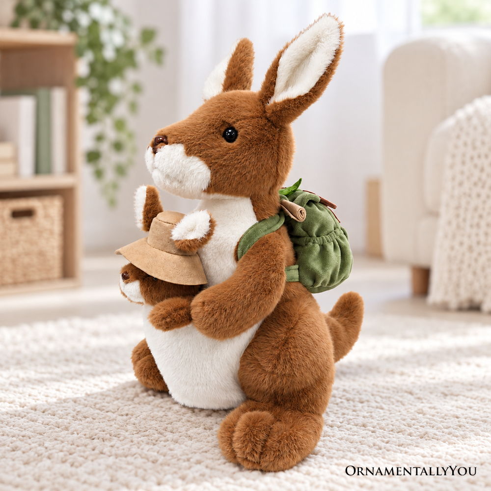 Roo & Joey Kangaroo Plushie, Adorable 14" Kangaroo with Baby Joey Stuffed Animal and Adventure Backpack