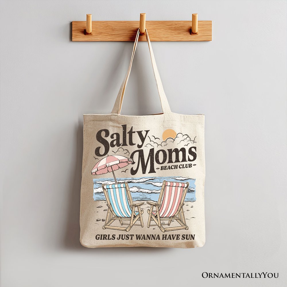 Salty Moms Beach Club Canvas Tote Bag, Retro Summer Shopper