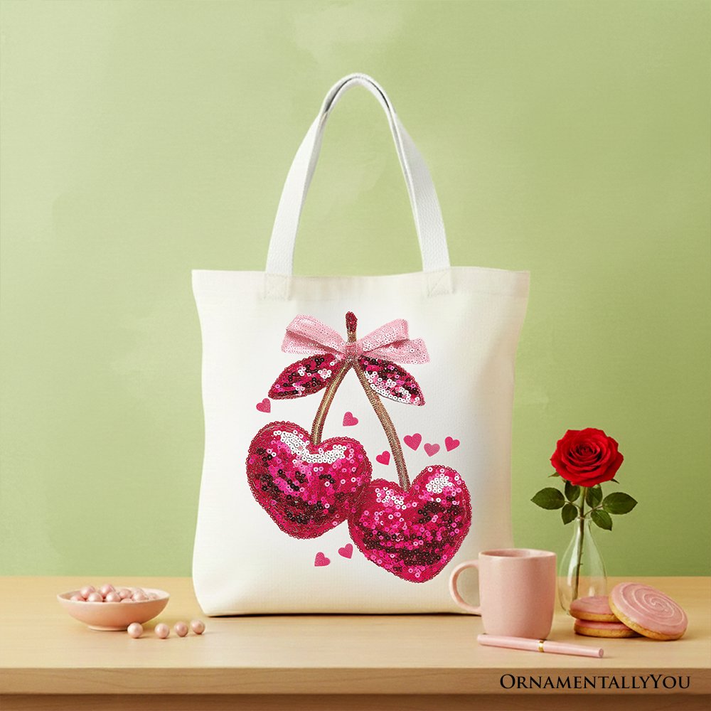 Sequin Pink Cherry Heart Canvas Tote Bag Coquette Gift