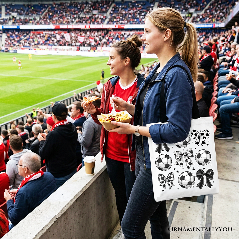 Soccer Mom Tote Bag with Coquette Bows, Sporty Preppy Cotton Shopper