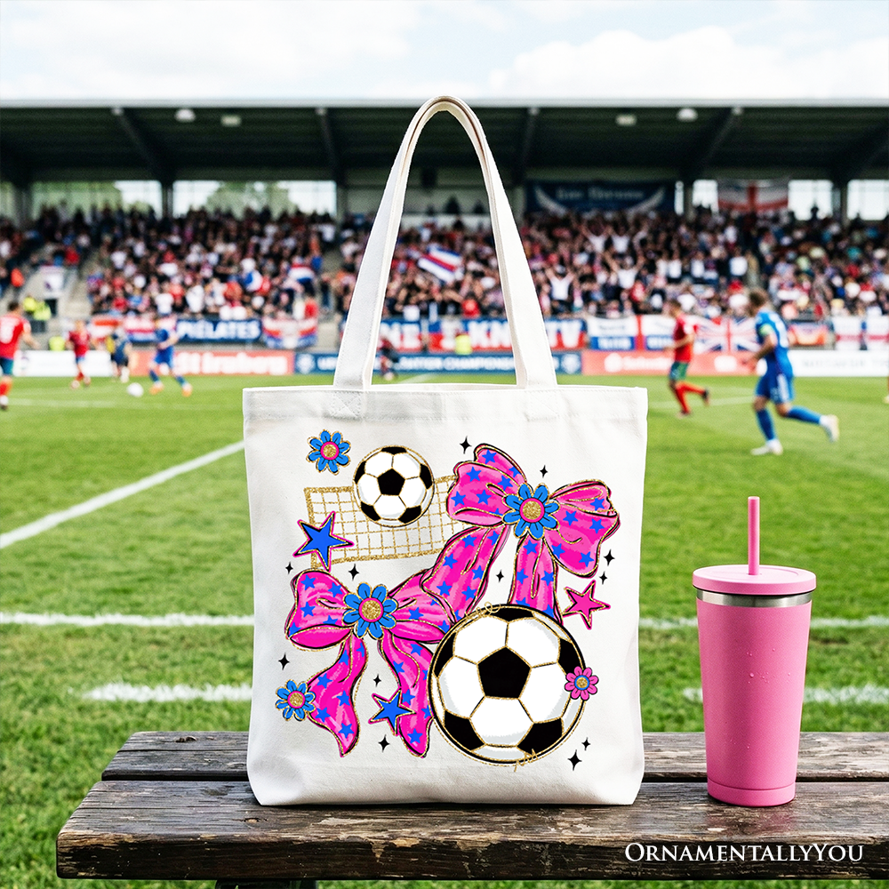 Soccer Coquette Pink Bow Tote Bag, Preppy Game Day Shopper