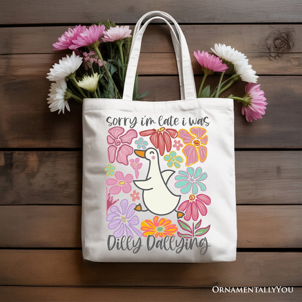 Dilly Dallying Goose Floral Canvas Tote Bag, Whimsical Gift