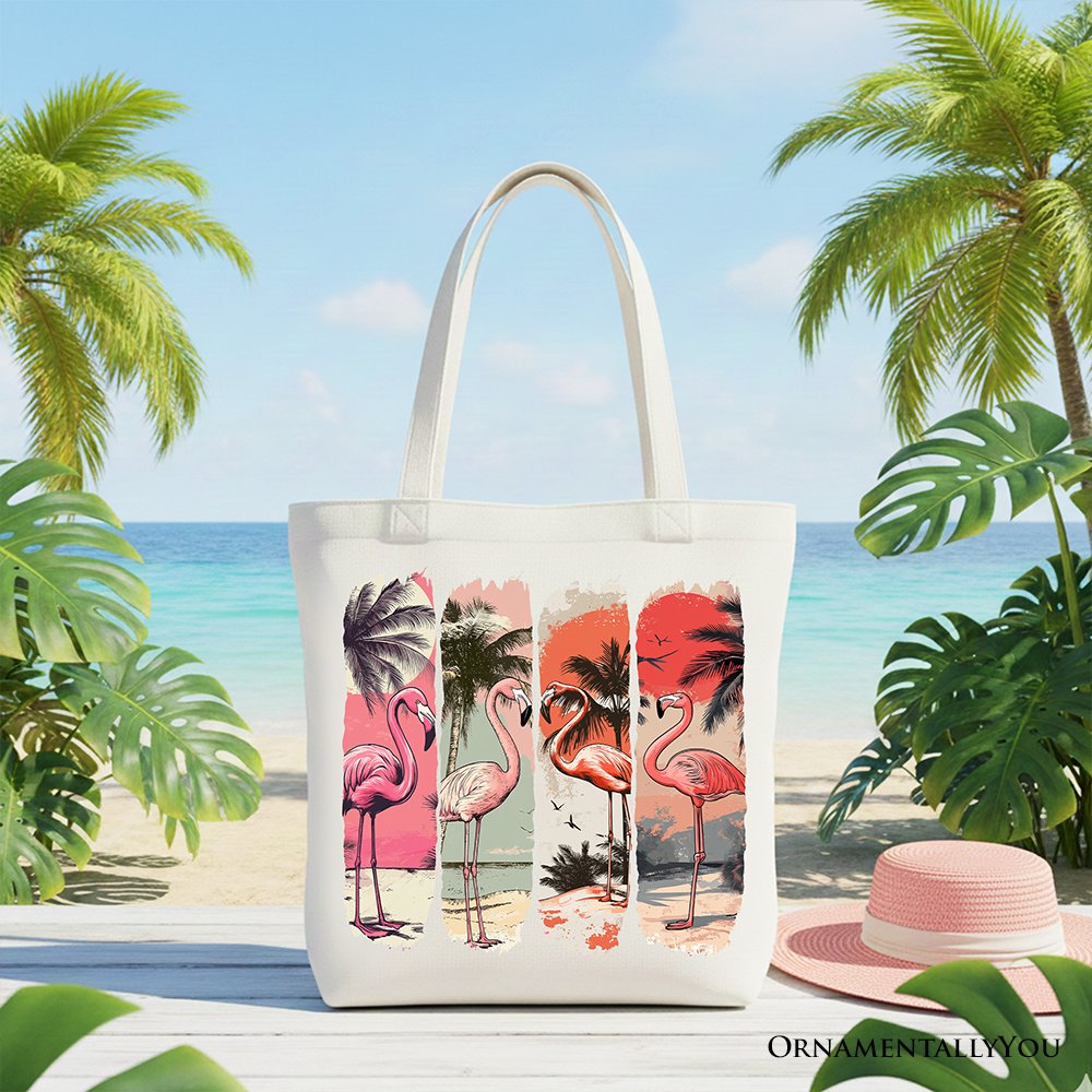 Summer Flamingo Beach Tote Bag, Tropical Sunset Retro Shopper