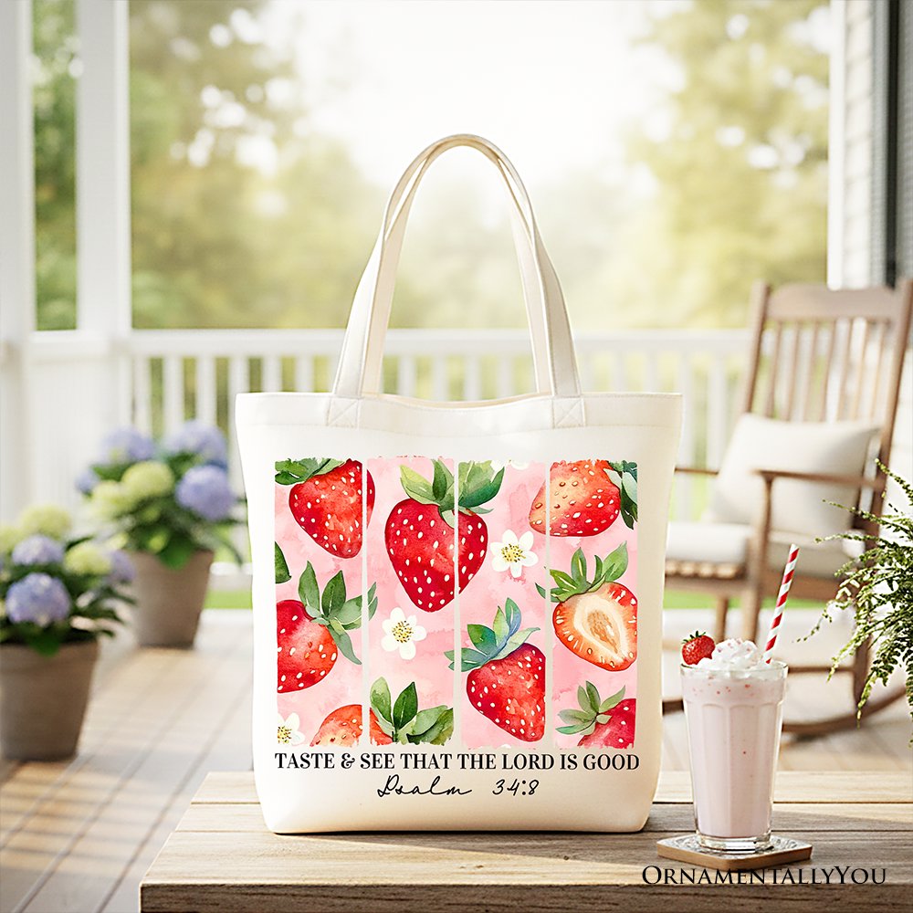 Taste and See Christian Faith Canvas Tote - Pink Strawberry Shopper