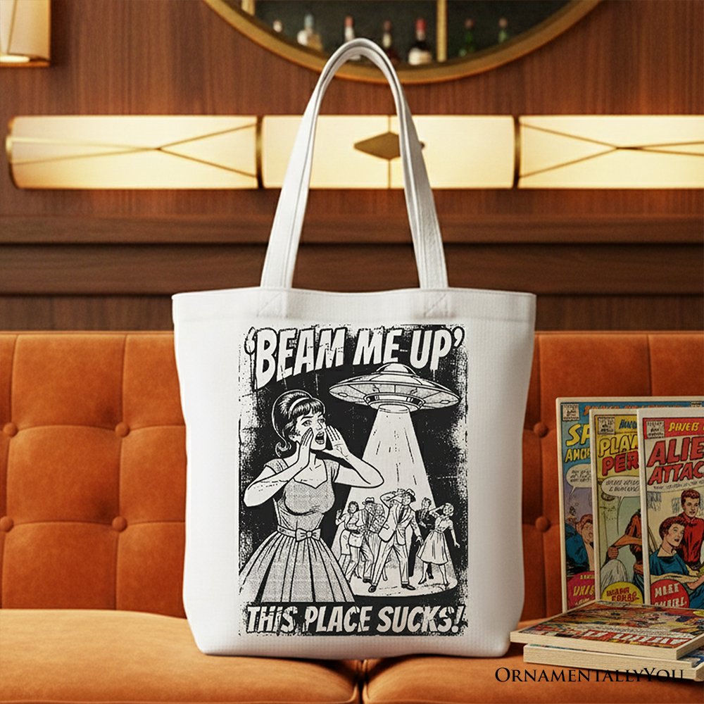 UFO Beam Me Up This Place Sucks Retro Canvas Tote Bag, Alien Gift