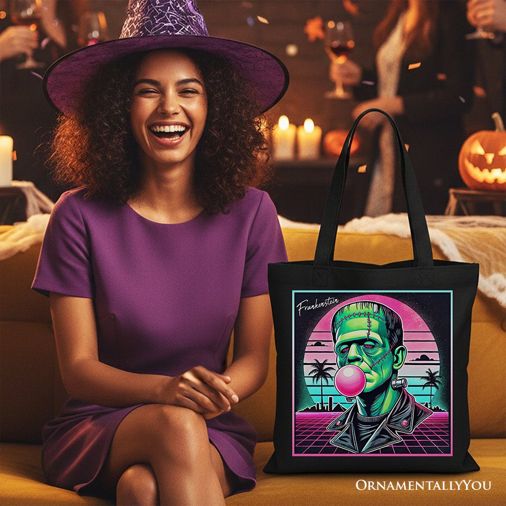 Vaporwave Frankenstein Retro Horror Canvas Tote Bag, 80s Style