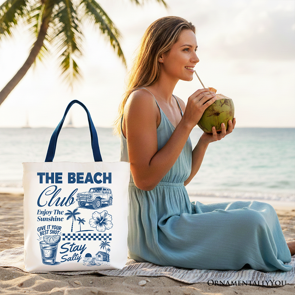 Vintage Coastal Summer Tote Bag, Navy Blue Beach Club Shopper