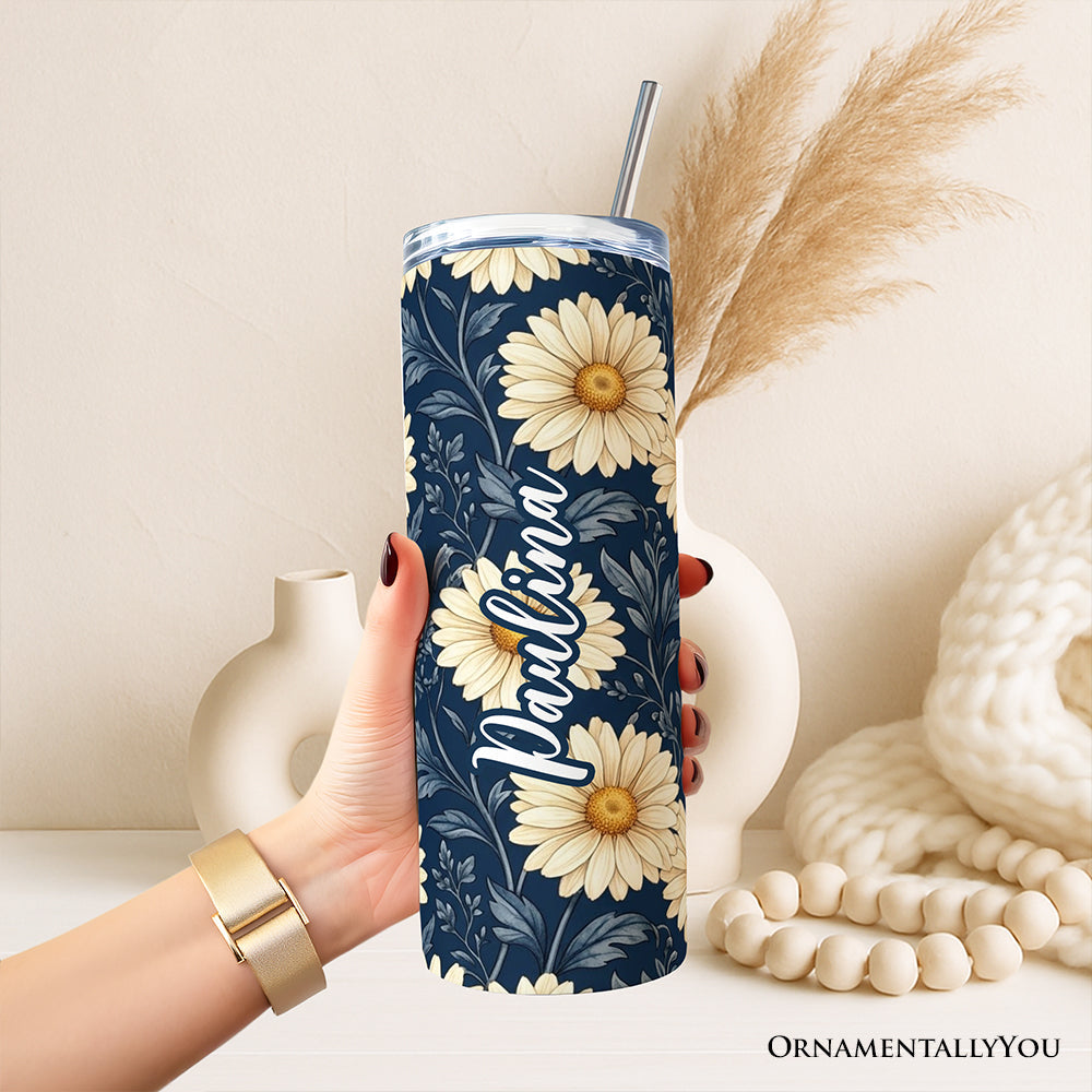 Vintage Daisy Floral 20oz Personalized Navy Blue Travel Tumbler