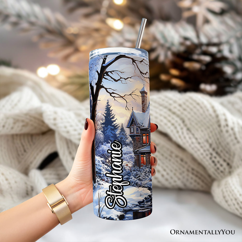 Watercolor Snowy Victorian Mansion 20oz Stainless Steel Tumbler
