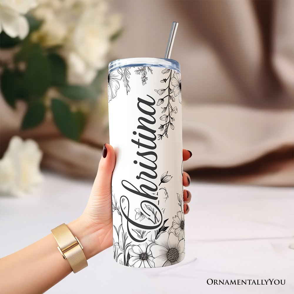 White and Black Wild Flowers 20oz Travel Mug with Lid and Straw