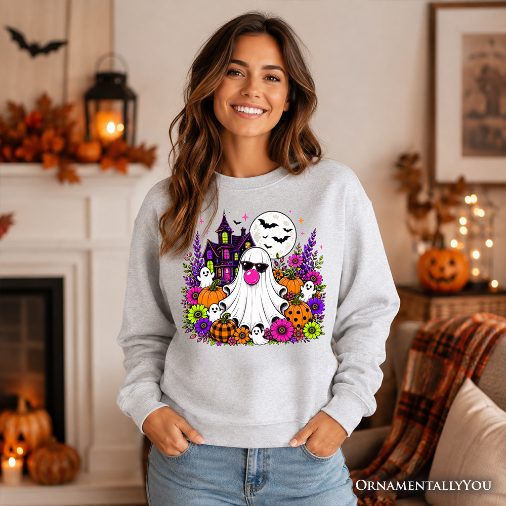 Bubblegum Ghost Haunted House Sweatshirt, Colorful Floral Halloween Pumpkin Sweater