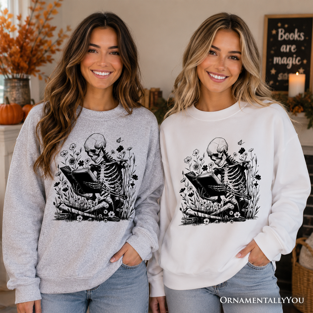Gothic Reading Skeleton Sweatshirt, Floral Halloween Sweater for Spooky Bookworms