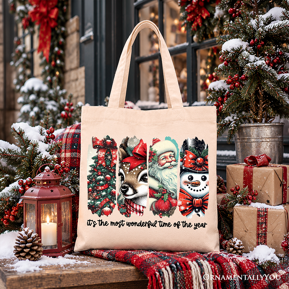 It's Most Wonderful Time Of The Year Tote Bag, Reindeer, Santa, Snowman Vintage Gift Shopper for Christmas