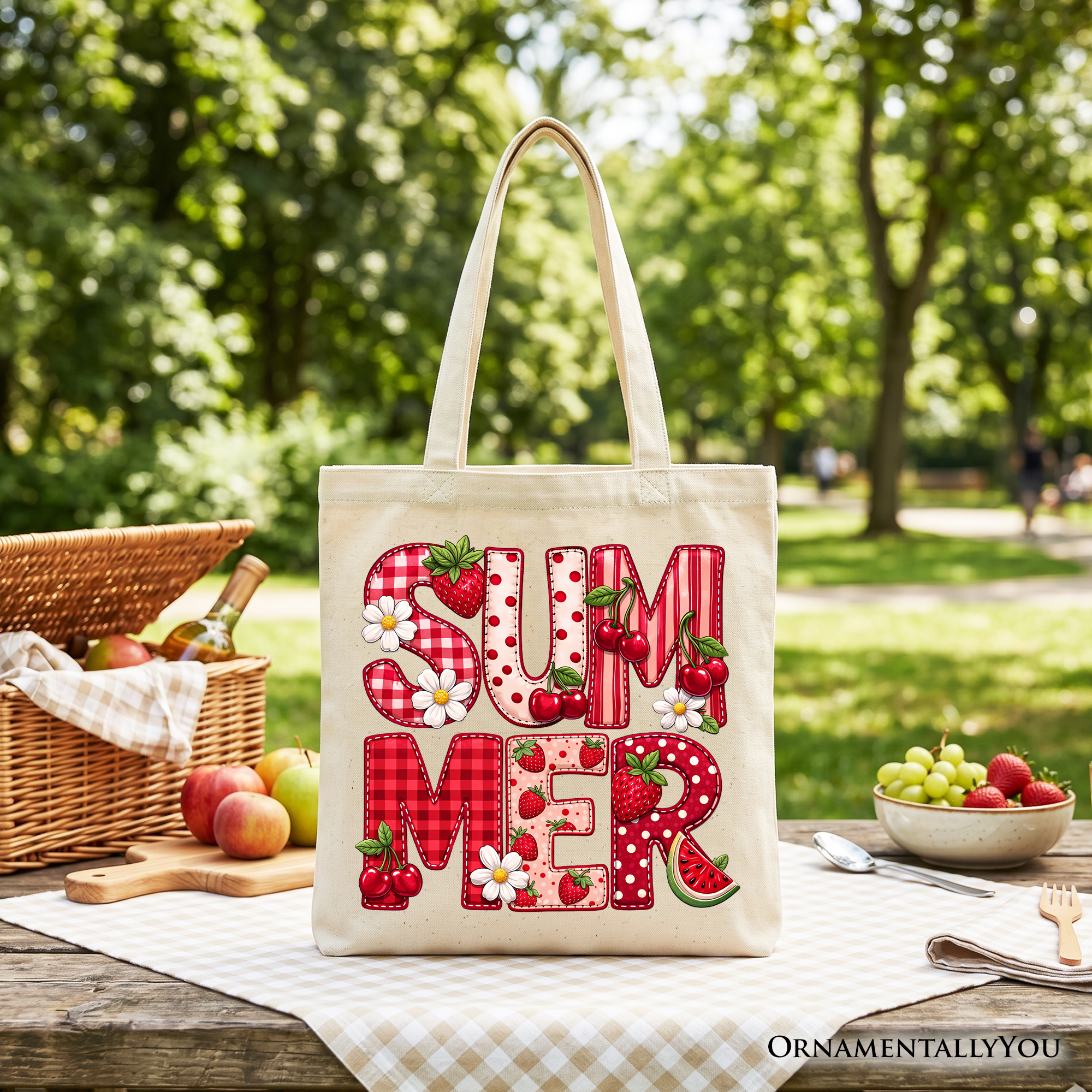 Strawberry Cherry Patchwork Tote Bag – Cute Fruit Summer Shopper