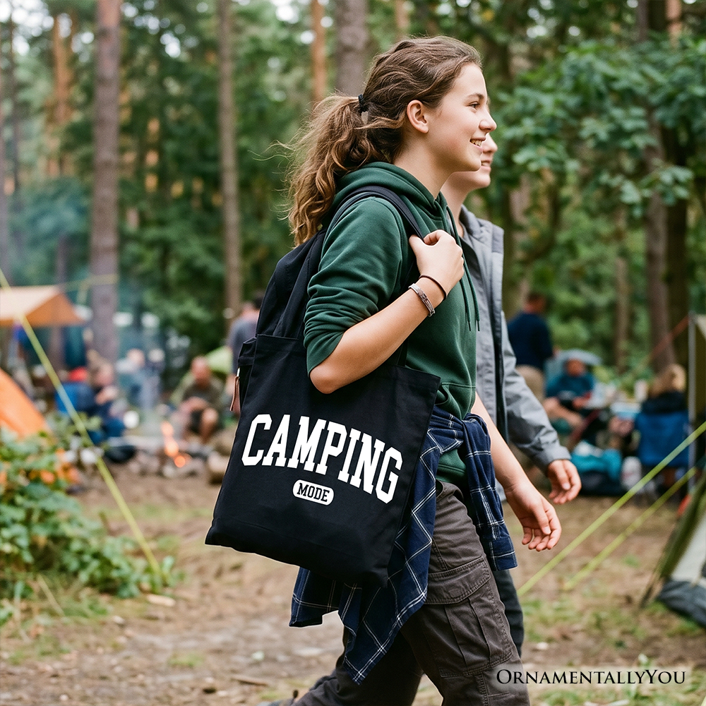 Camping Mode Varsity Tote Bag, Minimalist Canvas Outdoors Shopper