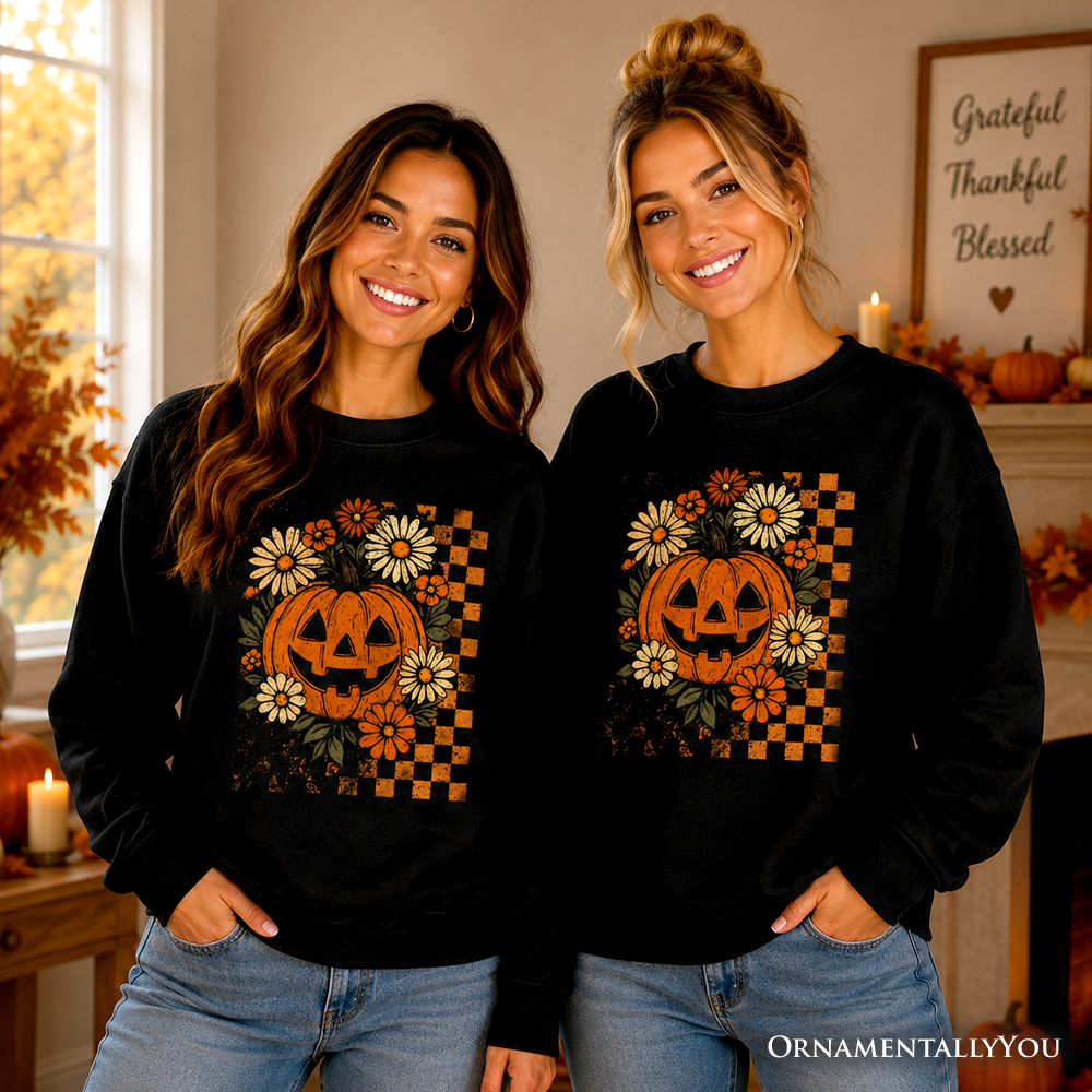 Checkered Floral Pumpkin Sweatshirt, Retro Preppy Halloween Sweater for Spooky Season Vibes