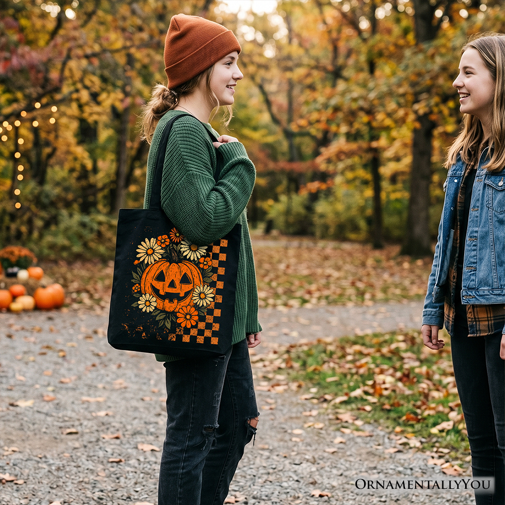 Checkered Floral Pumpkin Tote Bag Retro Halloween Spooky Shopper