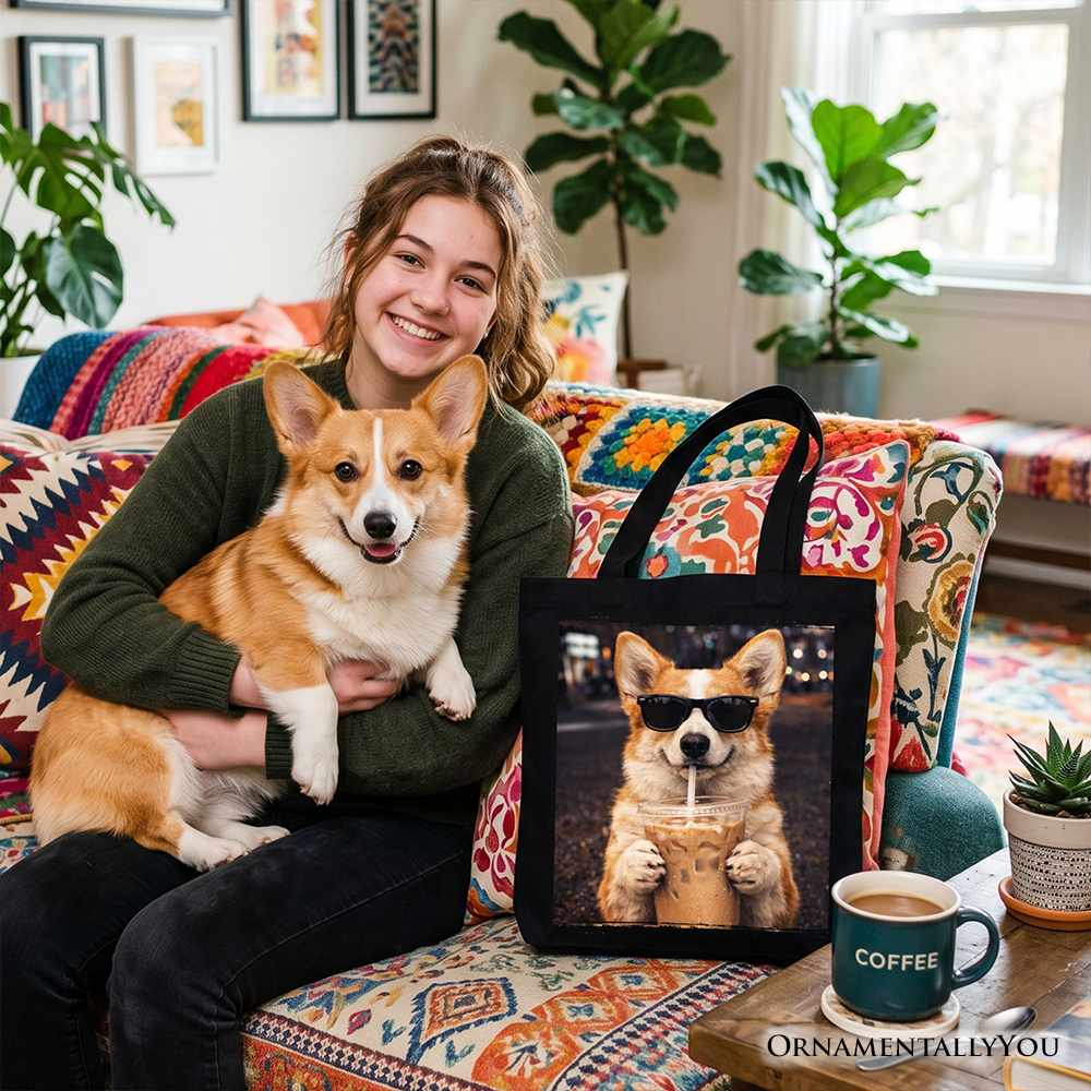 Corgi Iced Coffee Graphic Tote Bag, Funny Dog Lover Gift Shopper
