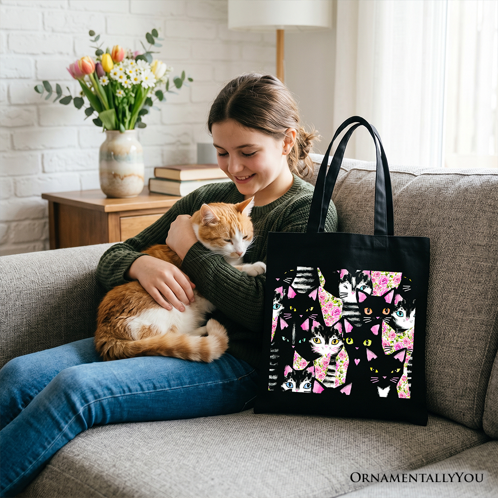 Floral Black and Pink Cat Pattern Tote Bag - Kitten Collage Shopper