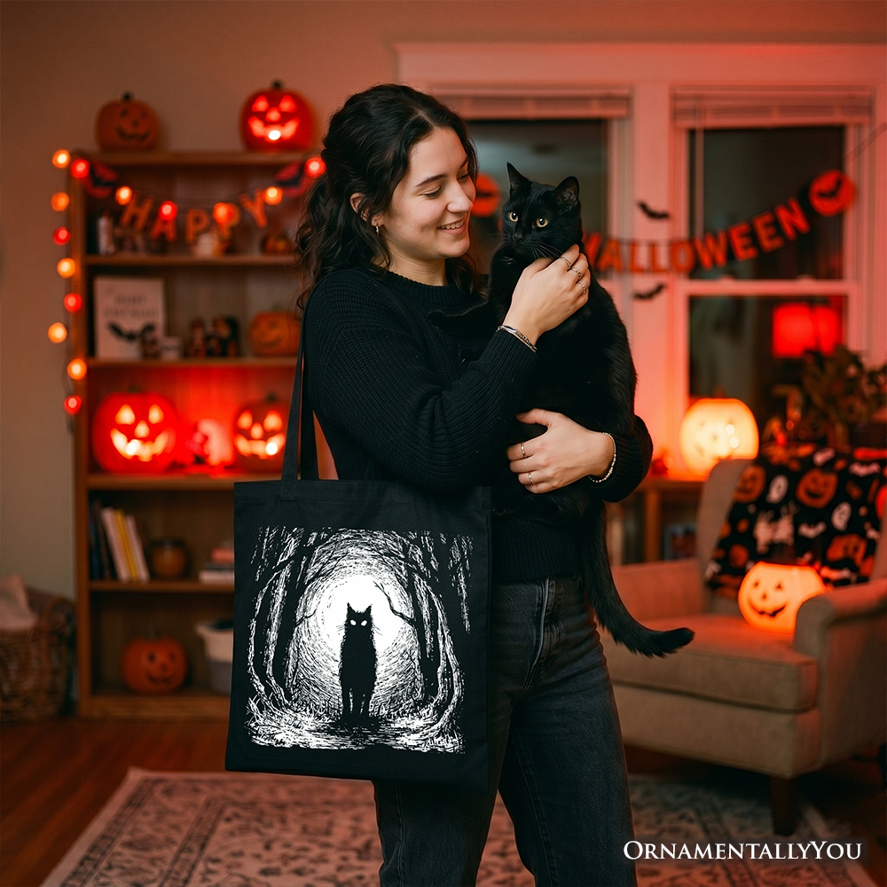Haunted Forest Black Cat Tote Bag - Spooky Halloween Graphic Shopper
