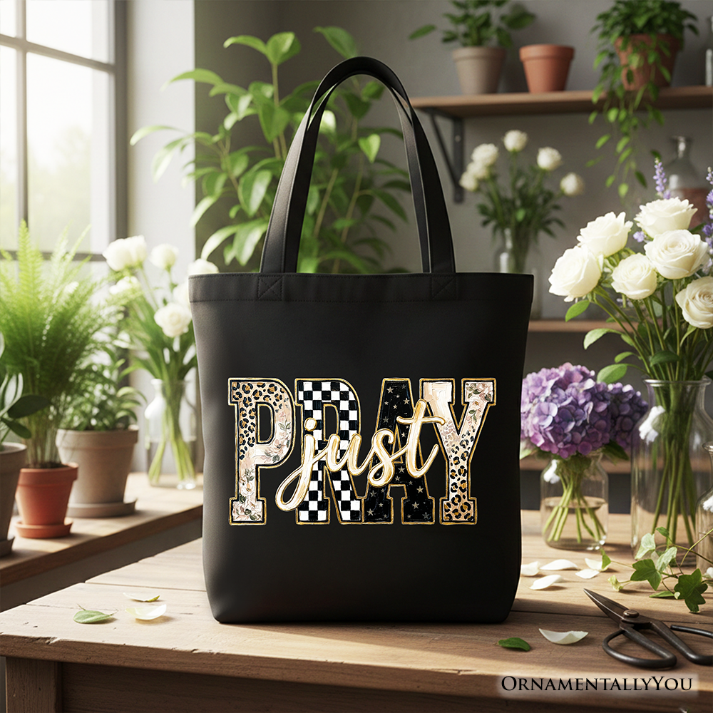 Just Pray Christian Varsity Tote Bag – Retro Leopard & Checkered Faith