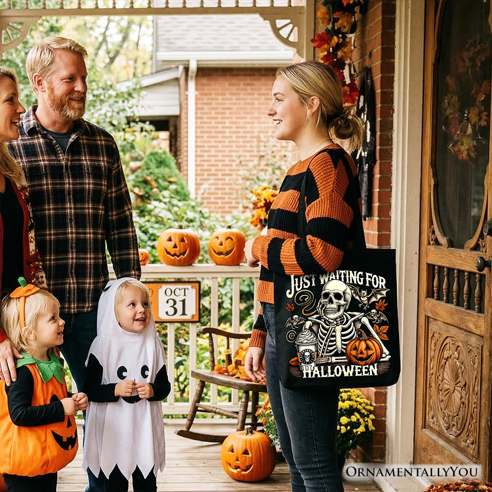 Just Waiting for Halloween Spooky Skeleton Graphic Canvas Tote Bag
