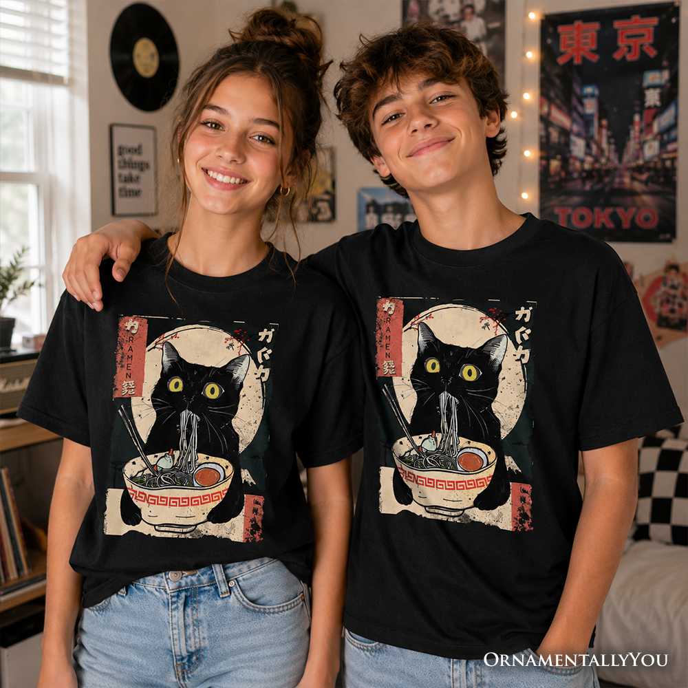 Kawaii Anime Cat Eating Ramen T-Shirt, Japanese Style Graphic Tee