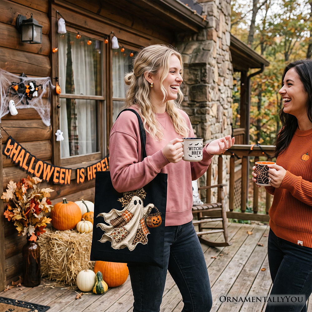 Patchwork Ghost with Leopard Bow Tote Bag, Rustic Halloween Pumpkin Trick or Treat Gift Shopper