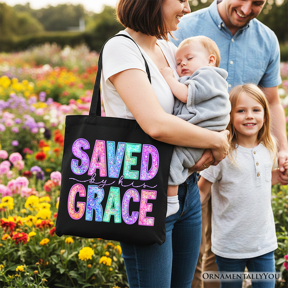 Saved By His Grace Faux Sequin Christian Tote Bag - Religious Gift