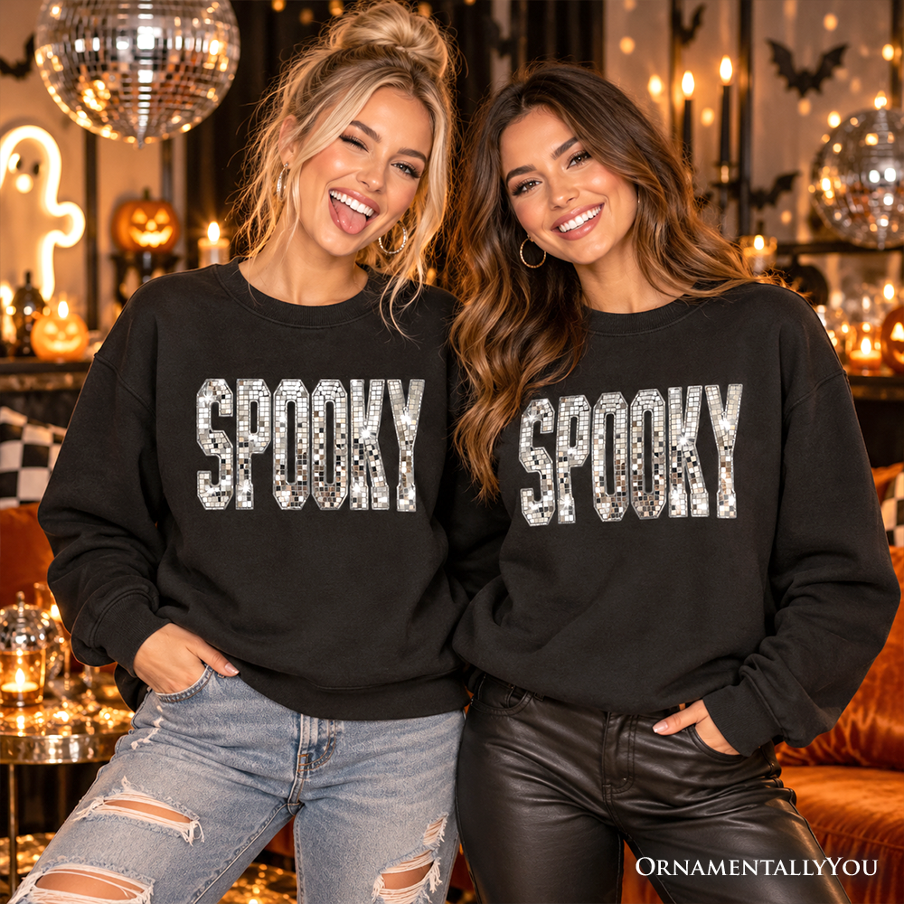 Spooky Faux Mirrored Letter Halloween Sweatshirt, Disco Sparkle Sweater