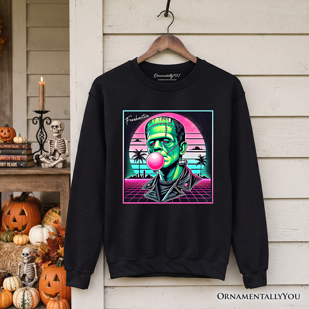 Vaperwave Frankenstein Retro Neon Horror Sweatshirt, Synthwave 80's Styled Classic Halloween Sweater