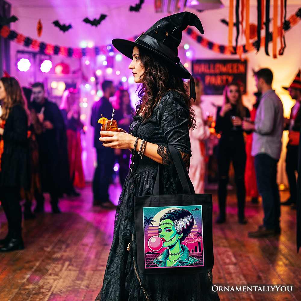 Mrs Frankenstein Neon Horror Tote Bag, 80s Synthwave Halloween Gift