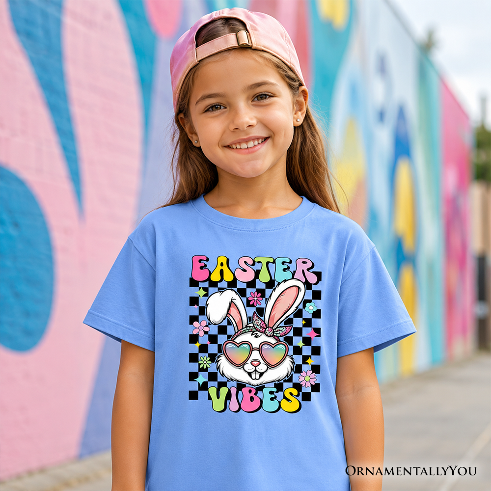 Retro Easter Bunny Sunglasses T-Shirt Groovy Checkered Youth Tee